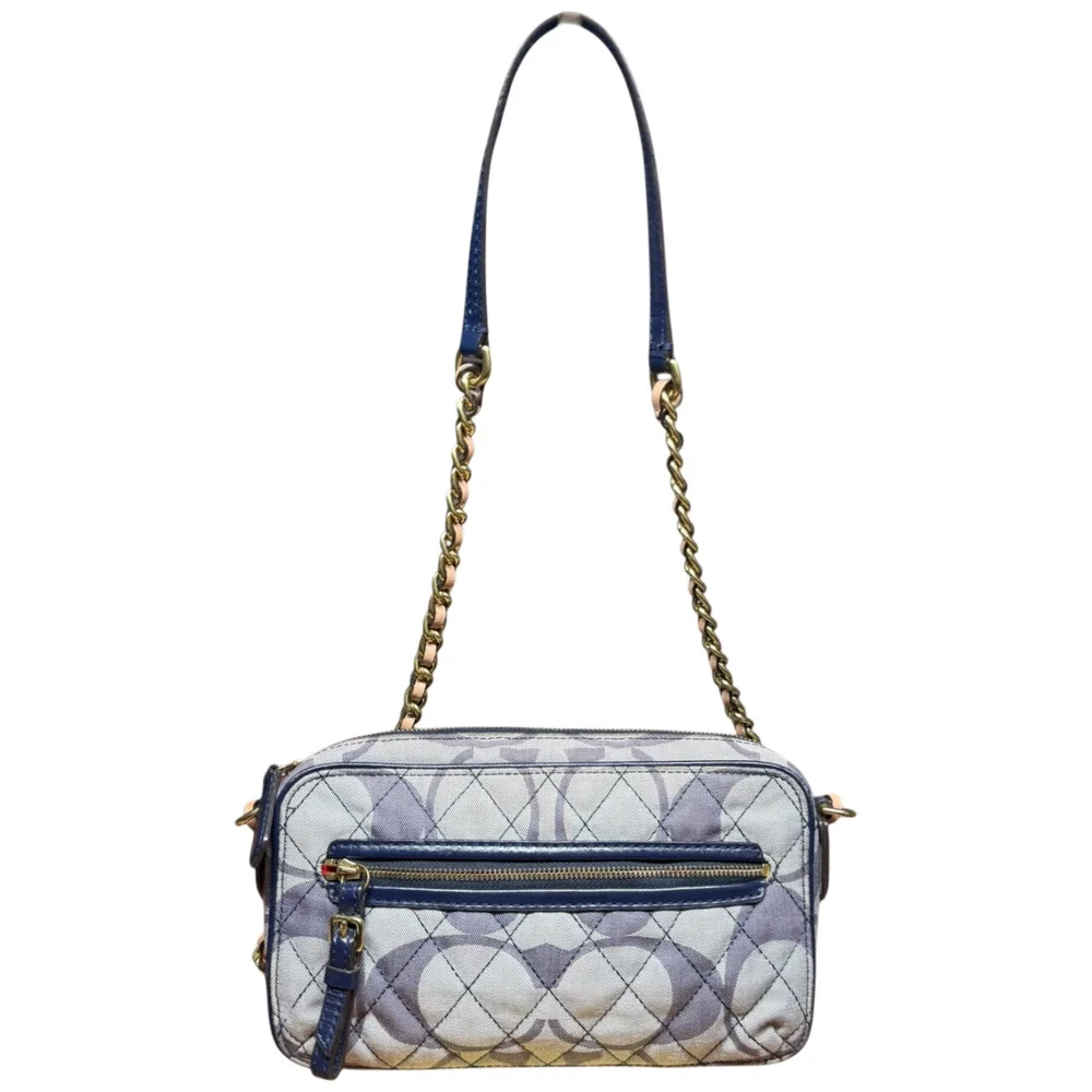 COACH Poppy Signature Denim Flight Bag Quilted Handbag Gold Chain Crossbody READ